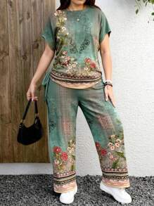 EMERY ROSE 大码女装夏季两件套女士优雅复古欧式花卉复古图案圆领短袖下摆抽绳设计+宽松高腰优雅复古欧式花卉图案