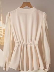 SHEIN LUNE 女士纯色褶皱前扣优雅长袖衬衫 - 杏色 - 查看 2