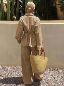 Livesso Conjunto informal de mujer compuesto por blusa plisada de unicolor y pantalones anchos de pierna ancha