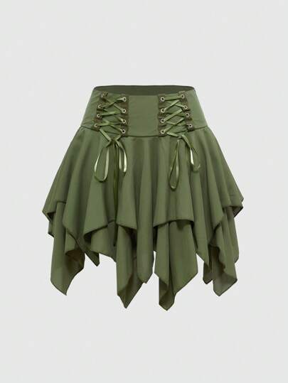 Goth Minifalda asimétrica con acentos de ojetes y lazos para mujer, inspirada en la naturaleza y con un estilo gótico-hippie en color verde