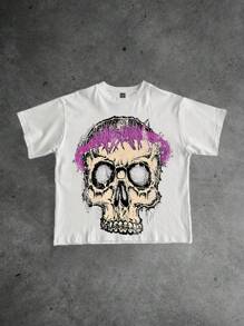 Manfinity Dauomo Áo thun nam cổ tròn tay ngắn họa tiết đầu lâu, thường ngày cho mùa hè - trắng - Xem 1