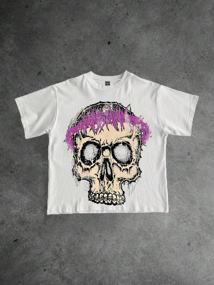 Manfinity Dauomo Áo thun nam cổ tròn tay ngắn họa tiết đầu lâu, thường ngày cho mùa hè - trắng - Xem 1