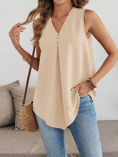 EMERY ROSE Casual Plus Size Apricot Sleeveless Blouse With Asymmetrical Hem And Button Front,Teacher Shirts