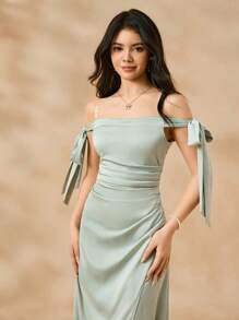 SHEIN Váy dài hở lưng bằng vải satin màu xanh bạc hà thanh lịch cho phù dâu tuổi teen, bé gái rải hoa, sự kiện khiêu vũ, thanh thiếu niên, mùa cưới - Màu xanh Bạc hà - Xem 6