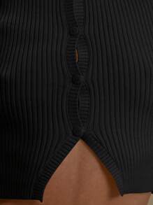 MUSERA Rib Knit Crew Neck Button Through Cropped Short Sleeve Fitted Top Spring Summer City Beach Resort Cute Winter Everyday Office Work Chic Valentines Day - Black - View 3