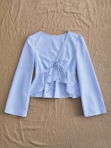 Soleia 女士休闲度假结饰前系长袖衬衫，适合所有场合，适合夏季淡蓝色上衣浅蓝色上衣条纹系带前上衣女士夏季上衣蓝色条纹衬衫秋冬