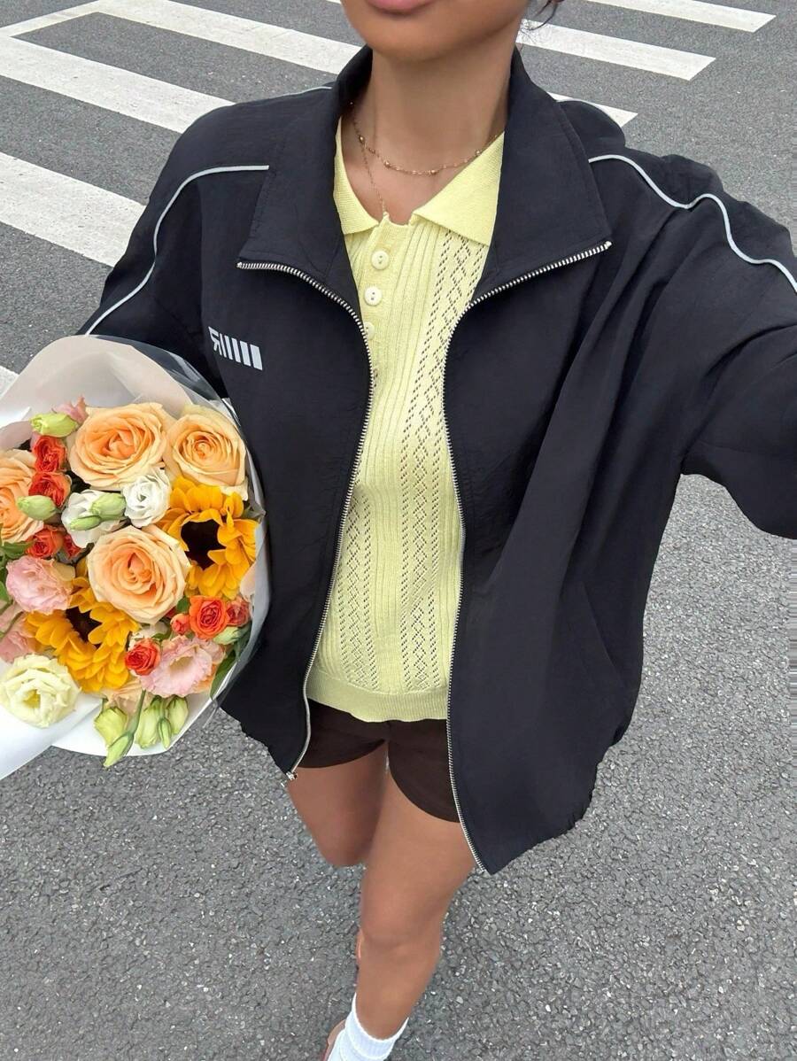 Muchica 女装秋季新款反光条纹美式宽松立领运动夹克 - 黑色 - 查看 1