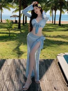 DAZY Bộ 2 món đồ thời trang đi nghỉ cho nữ, áo buộc vạt xẻ cao và váy, trang phục đi biển, quần áo mùa thu cho nữ - Màu xanh lam - Xem 9