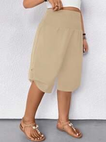 SHEIN CURVE+ Plus Size Women Casual Pants, Textured Fabric - Khaki - View 7