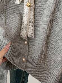 SHEIN Clasi Áo len cardigan buộc cổ tròn thường ngày cho nữ - Xám - Xem 4
