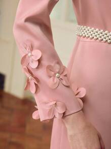 ZEYLAH Women's Solid Color Lapel Collar Long Sleeve Elegant Midi Dress With Embroidery Decor And Single-Breasted Button - Pink - View 2