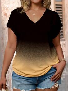 SHEIN LUNE 大码夏季休闲渐变色V领短袖T恤 - 彩色 - 查看 1