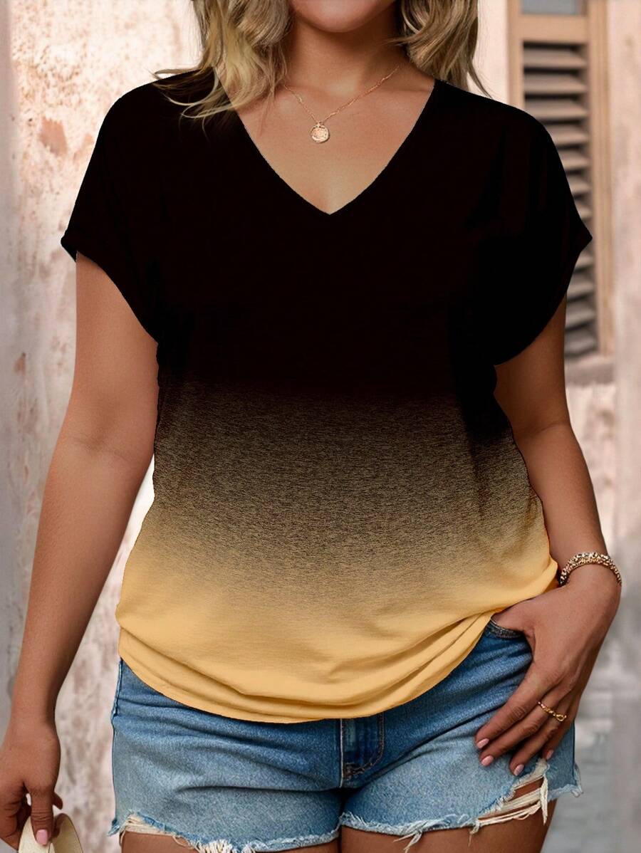 SHEIN LUNE 大码夏季休闲渐变色V领短袖T恤 - 彩色 - 查看 1