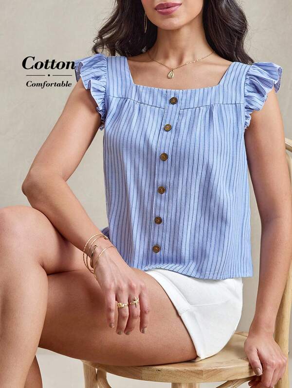 Wildy Gestreiftes Sommertop mit Rüschenärmeln, Damen-Sommer-Casual-Shirt mit gestreiftem Knopfdekor und Rüschensaum