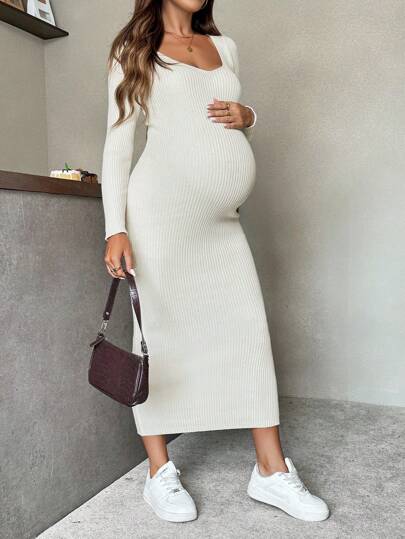 SHEIN Autumn And Winter  Maternity Casual Solid Color Fitted Knit Dress