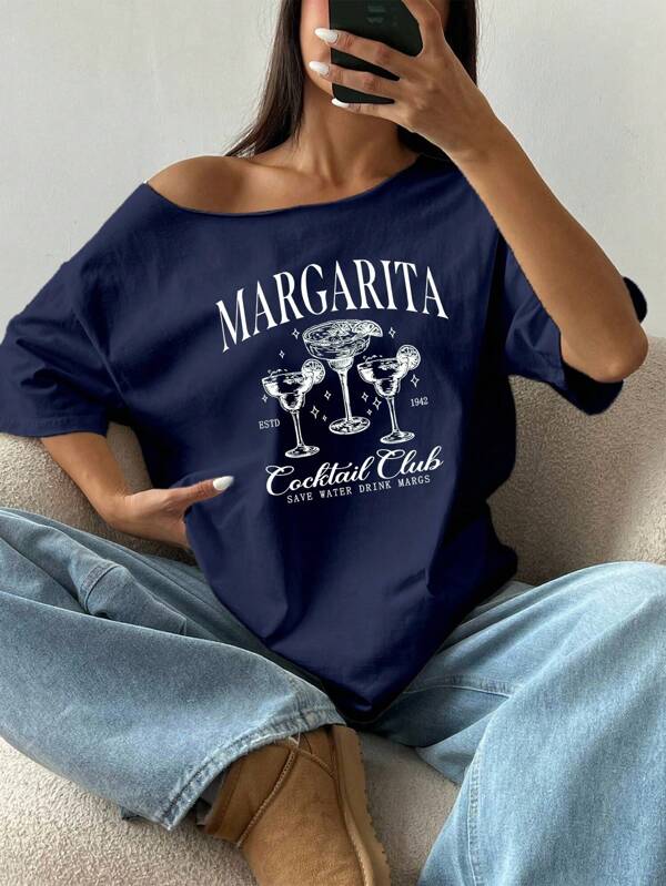 Flirla Große Größen Locker Sitzende T-Shirt mit Margarita Muster in Off-Shoulder Form, Grafik T-Shirts Damen Oberteile