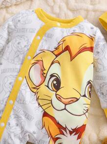 2 件套新生儿男婴可爱卡通狮子印花信封领长袖连体衣带帽柔软舒适睡衣 - 彩色 - 查看 5