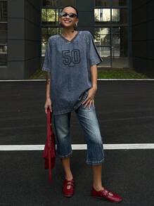 Livesso Women's V-Neck Short Sleeve Embroidered Denim Blouse, Summer - Blue - View 4