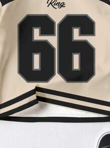 Camiseta de manga corta y cuello redondo con estilo deportivo de béisbol clásico y de moda casual para niño, con bloques de color, parcheado y estampados de N.66 y Rey, cómodo para el verano