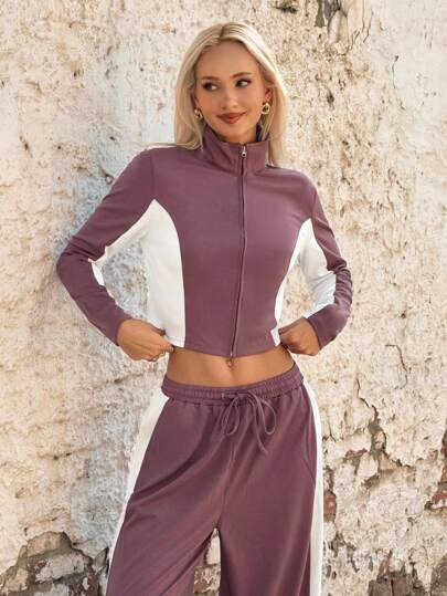 SHEIN ICON 2pcs Y2k Athleisure Sport Casual Going Out Fall Burgundy And White Long Sleeve Women Sporty Color-Block Zipper Front Jacket And Pants Set