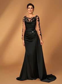 Serin Váy dài tay màu đen thanh lịch và sang trọng, có thêu, ren, hạt, đá giả, vải satin co giãn, cổ áo xếp nếp, viền đuôi cá, thích hợp cho đám cưới, tiệc tùng, vũ hội, dạ hội - Thiết kế tinh xảo - màu đen - Xem 2