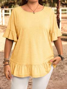 EMERY ROSE Plus Size Solid Color Short Sleeve T-Shirt, Casual & Fashionable For Everyday Wear,Summer Clothes,Vacation Outfits Woman / Vacation - Pale Yellow - View 4