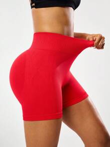 SHEIN Sports Pantalones cortos deportivos rojos de cintura alta y ajuste entallado para mujer, de verano