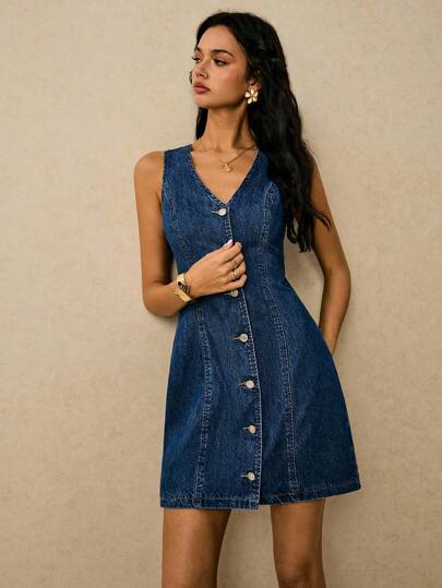 Poéselle Women's Denim Dress Button Placket Tie Back Waist Blue Dress Women's Dress Short Dress Vest Dress Casual Everyday Casual Fashionable Front Button Sleeveless Denim Dress For Women, Old Money Back To School Country Concert Outfit Business Casual Woman Casual Y2k Clothes Cute Western Clothes For Women Office Outfits For Women Work Clothes Going Out Outfits