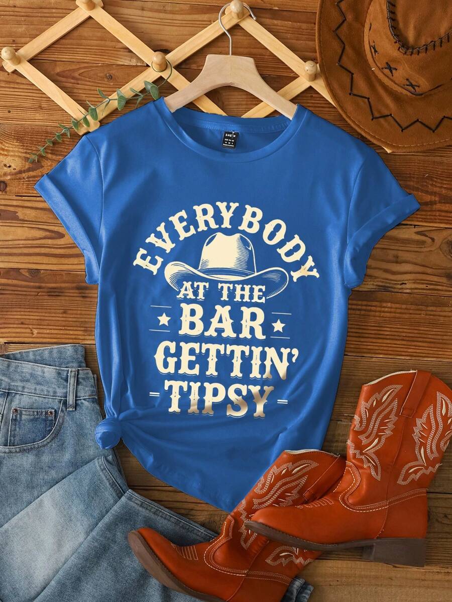 SHEIN LUNE 西部格言印花圆领短袖加大码T恤