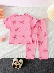 SHEIN 2 件套女婴可爱甜美时尚舒适柔软针织蝴蝶结图案撞色罗纹设计圆领短袖 T 恤上衣和紧身裤，粉色 OOTD 套装，适合春夏季室内外 - 粉色 - 查看 2