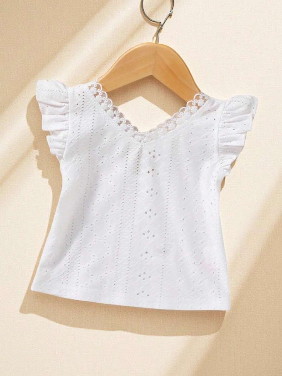 SHEIN Baby Girl Eyelet Embroidery Lace Trim Butterfly Sleeve Top - White - View 1