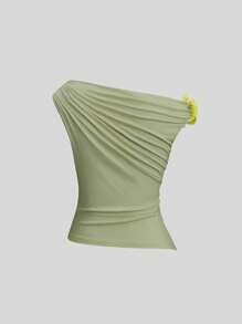 SHEIN Unity 女款春夏斜领不对称肩部修身短款T恤，装饰性3D人造花图案，黄色 - 綠色 - 查看 2