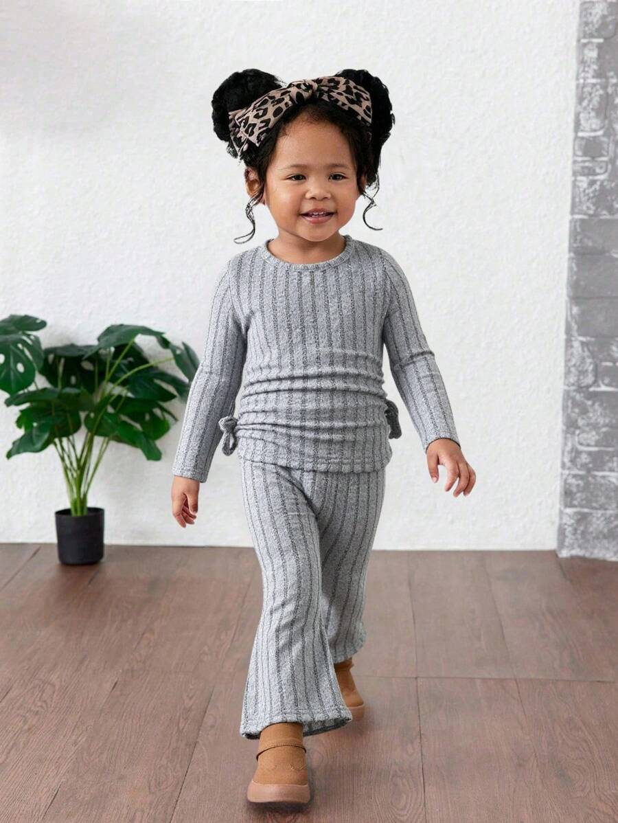 Babygirl Cute Grey Knitted Casual Long Sleeve Top And Elastic Waist Pants Set, Autumn/Winter Fall