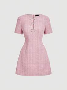 SHEIN MOD 女式优雅仿珍珠蝴蝶结装饰圆领短袖迷你连衣裙 - 粉色 - 查看 1