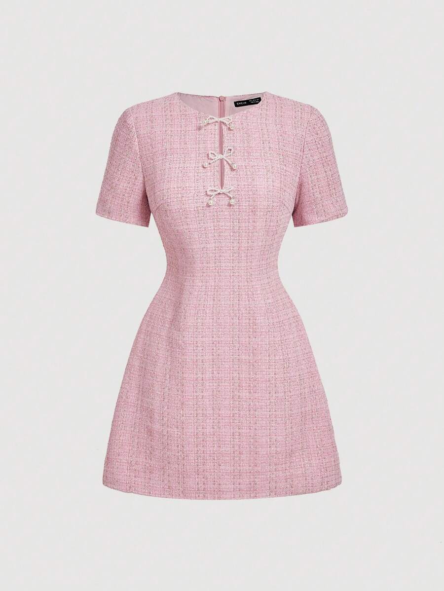 SHEIN MOD 女式优雅仿珍珠蝴蝶结装饰圆领短袖迷你连衣裙 - 粉色 - 查看 1