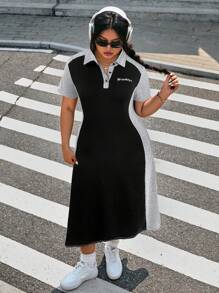 SHEIN EZwear 大码拼色收腰长款T恤连衣裙 - 黑色 - 查看 1