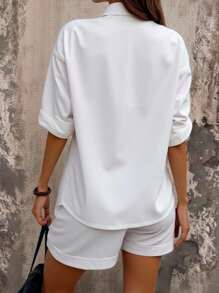 Women's Simple Solid Color Lapel Collar Button Front Shirt And Shorts Set, Casual Summer - White - View 2