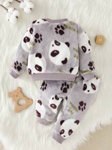 Bộ đồ ngủ 2 món cho bé trai sơ sinh có họa tiết gấu trúc, cổ tròn, tay dài và quần, đồ ngủ bằng vải nhung mềm màu xám cho mùa thu/đông - Xám - Xem 2