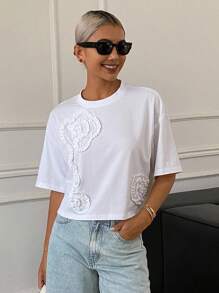 Livesso Pleated 3D Flower Loose Short Sleeve Cropped Round Neck Casual Summer Top For Women