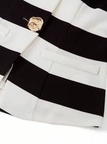 Ellevyn 女士黑白条纹无袖圆领金色纽扣前开襟夹克，春夏秋冬女装商务休闲女教师服秋季女士度假装女士商务休闲女装 - 黑與白 - 查看 2