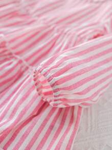 SHEIN Babygirl Vacation Cute Pink And White Striped Long Sleeve Ruffle Trim Dress - Pink - View 7