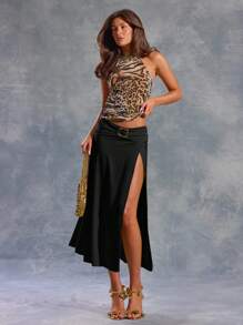 MUSERA 不对称下摆，腰部饰有搭扣的性感半身裙，适合夏季、伊比沙岛、Y2K、酷女孩、音乐节、锐舞派对、度假、夜店、可爱风、冬季派对等场合。 - 黑色 - 查看 2
