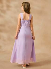 Vestido formal de verano de gasa morado lila de cuello en V alto con cintura alta y fluido para niñas, de estilo elegante y minimalista - Morado - Ver 2
