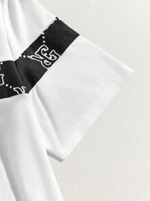 Manfinity BRENVOR Letter Printed Short Sleeve T-Shirt And Drawstring Shorts Casual Set For Summer - Black and White - View 3
