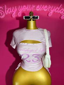 Slaydiva Nouveau T-shirt court à manches courtes pour femmes, imprimé rétro avec chiffre 23 et lettre, col rond, découpe poitrine, cordon latéral réglable à l'ourlet, en tissu tricoté rose brillant, style boho, musique, festival de pays, sexy, party Y2K, printemps été 2025