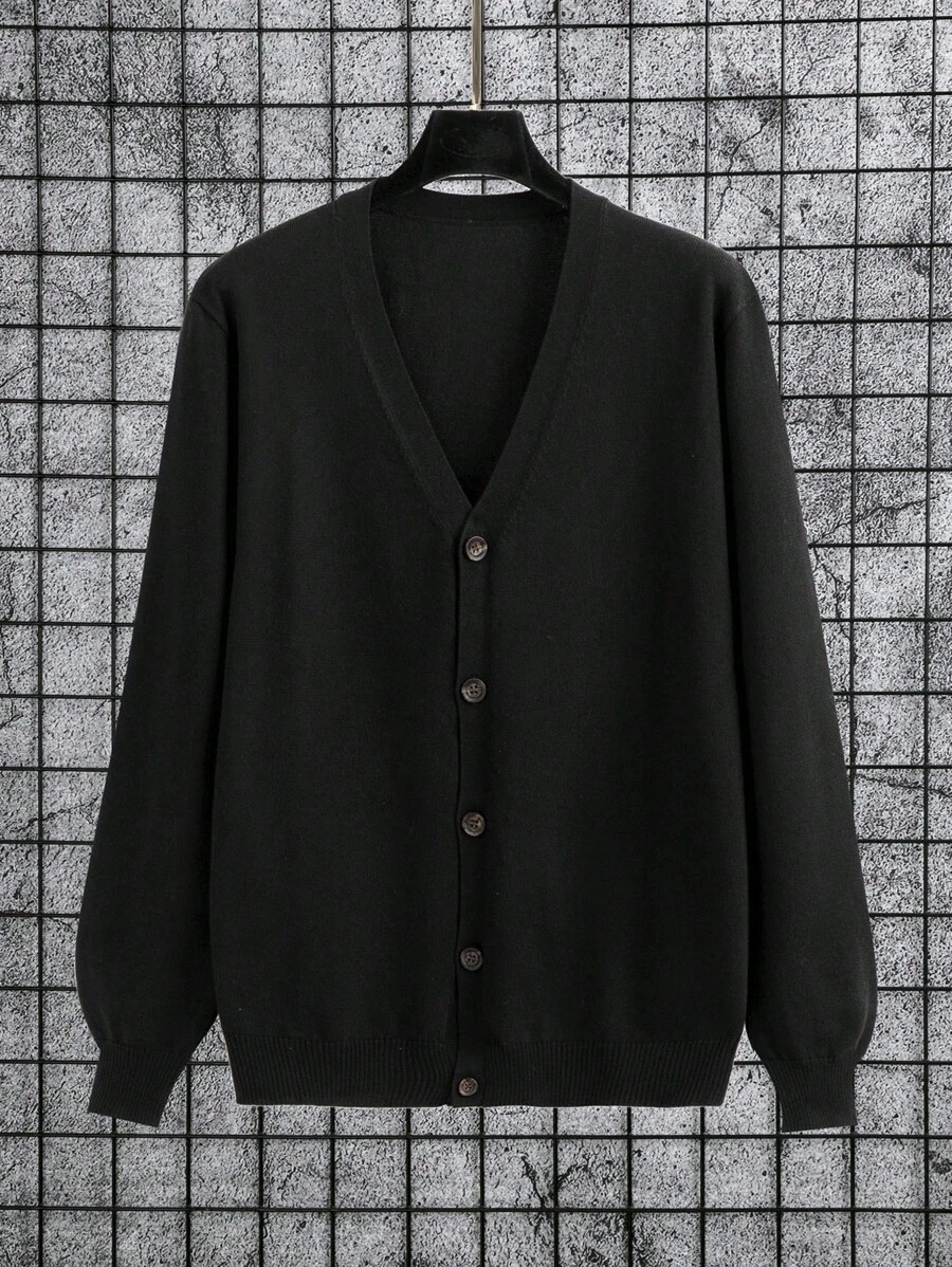 Manfinity Homme Plus Size Men's Casual Loose Solid Color Single Breasted Long Sleeve Cardigan , Fall Winter