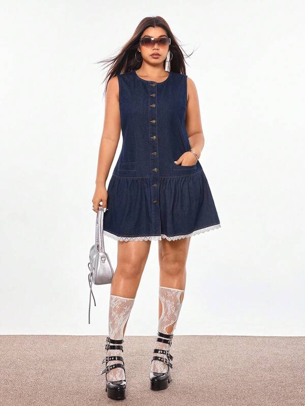 Rivivi Plus Size Women Summer Casual Sleeveless Denim Dress With Round Neck, Single-Breasted, Ruffle Hem