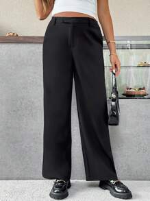 SHEIN Calça casual solta de perna larga com bolso ajustável na cintura, cor sólida, para gestantes - Preto - Visão 2