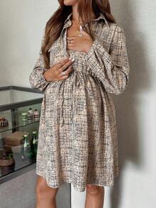 SHEIN Fall Clothes,Autumn Clothes,Maternity Autumn Clothes Maternity Waist Flap Detail Lantern Sleeve Maternity Blouse, Long Sleeve Top For Pregnant & Nursing, Autumn Tweed Dress Fall Dress Earth Tone Dress Long Sleeve Dress Autumn Dress Tweed Dresses For Women - Khaki - View 4