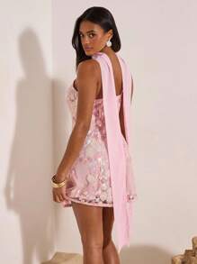 Opulessa 1 chiếc váy mini trang trí sequin dệt trơn màu dành cho nữ - Hồng - Xem 2